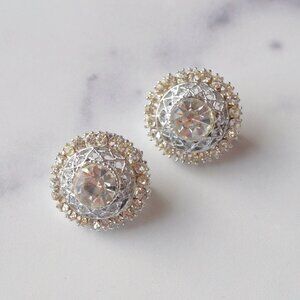 1980s Silver-Tone Rhinestone Brooch Pair, Dainty Round Pins (Set of 2)